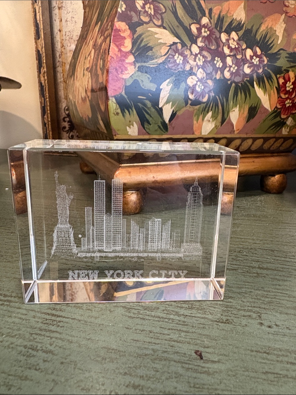 Vintage New York City skyline with Twin Towers clear etched glass paperweight